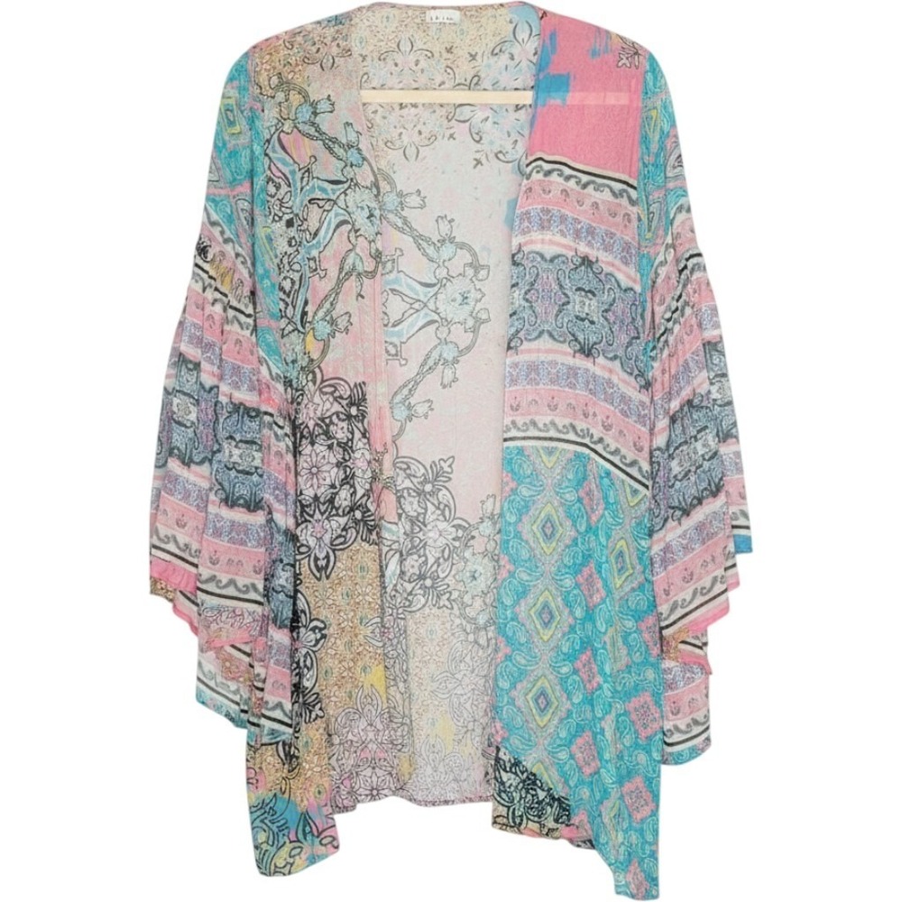 Saachi Boho Patchwork Kimono OS Paisley Ruffle Sleeve Lightweight Layering Piece